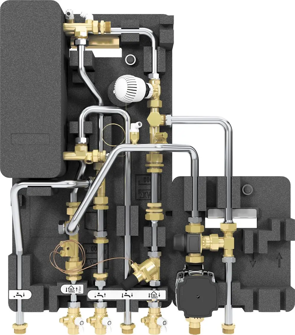 Bosch Wohnungsstation mit mehreren Rohrleitungen und Armaturen zur Regelung von Heizungs- und Wasserverteilung. Unterputzinstallation, inklusive verschiedenen Ventilen und Zählern.